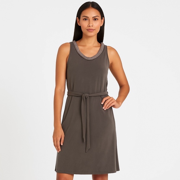 MERONA Brown Stretch Belted Tank Midi Dress Minimalist Capsule M - Picture 1 of 13